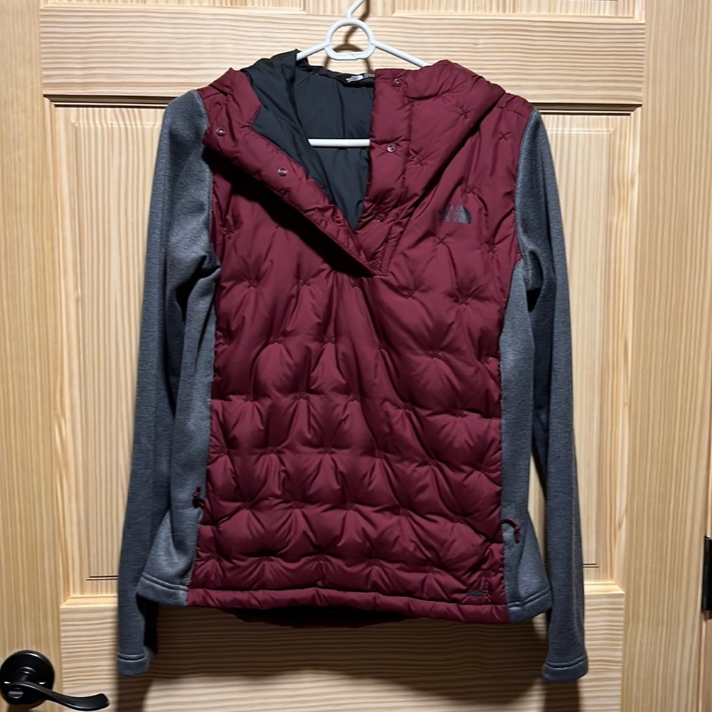 North Face size small, maroon and gray, puffer shirt.